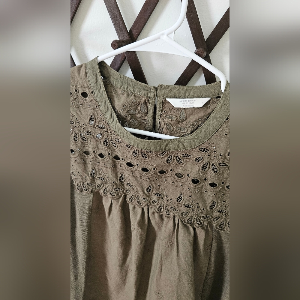 SOLD Lucky Brand Olive Green Eyelet Top - Picture 2 of 4